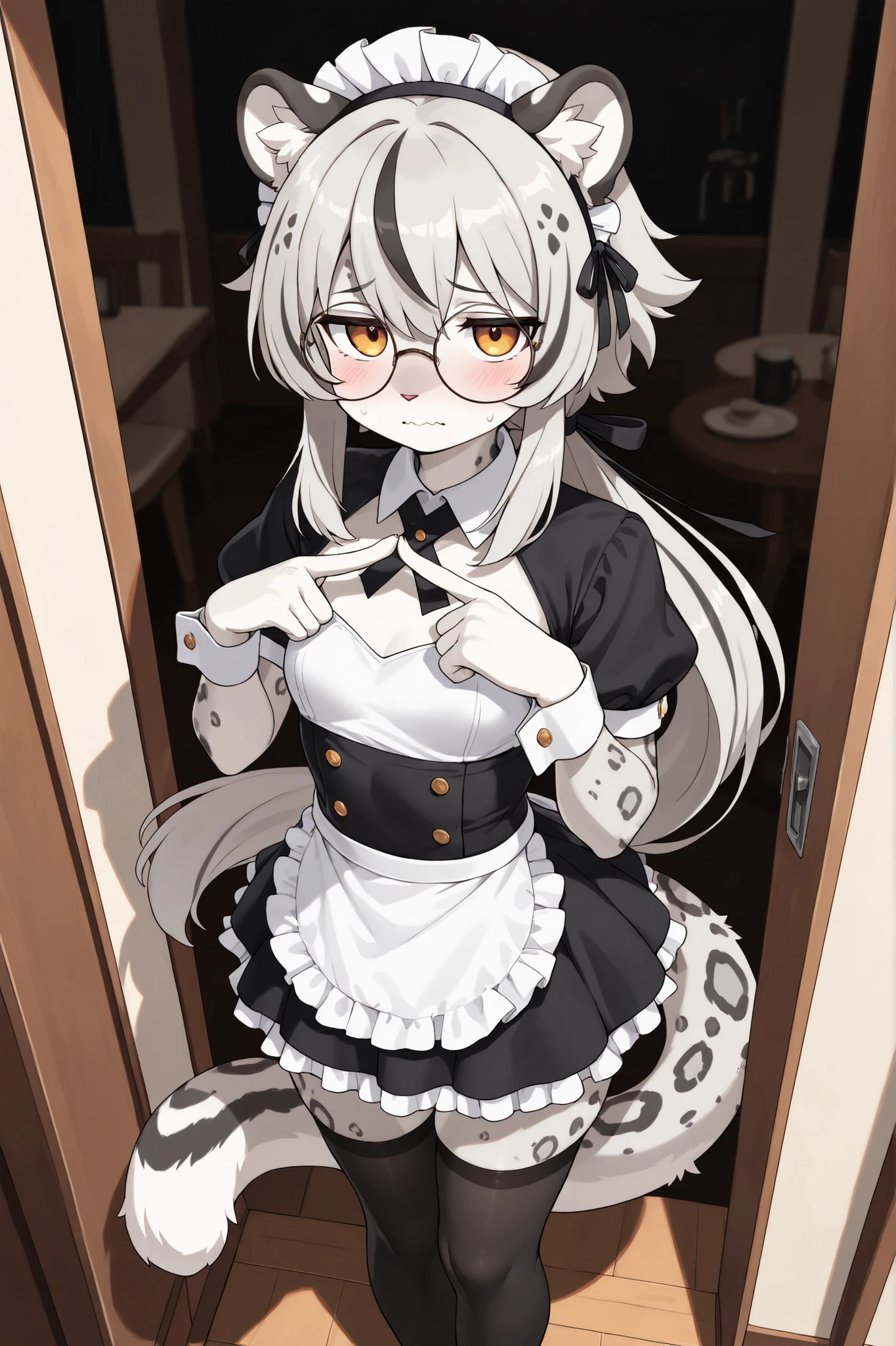 (Masterpiece, best quality:1.2), day, cafe scenery, [clean background], dark lighting, detailed shadows, solo, 1girl, anthro furry, snow leopard, snow leopard ears, snow leopard tail, small, short, snow leopard fur, curvy, grey fur, short grey hair, (very long) low ponytail, black highlights on hair, short sidelocks, [small breasts], [medium thighs], [medium ass], cute, black eyebrows, jitome, amber eyes, maid headdress, black round glasses, frilly maid dress, short puffy sleeves, white collar, , white wrist cuffs, waist apron, short skirt, black thigh highs, standing, index fingers together, looking at viewer, shy, nervous, wavy mouth, (very detailed body, face, tail, arms, hands, legs, head and eyes), from above, very close, pose,