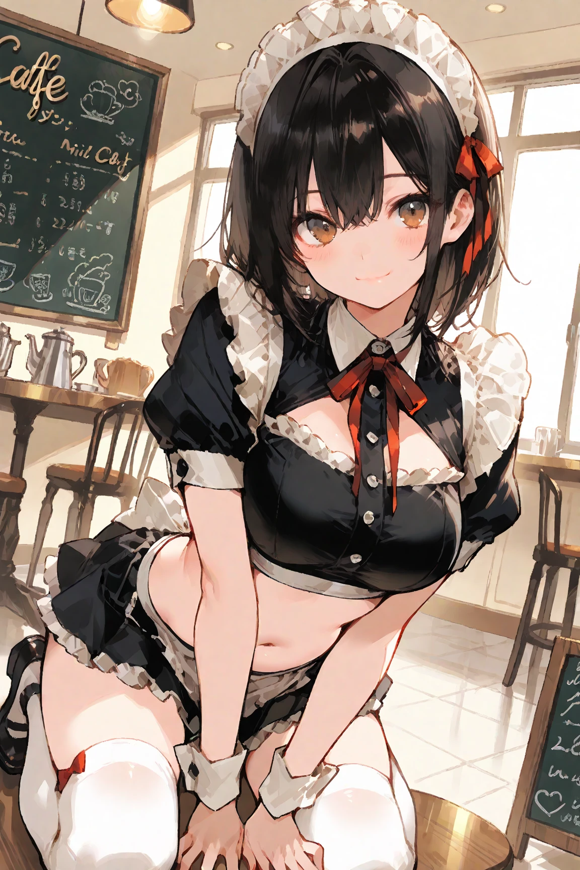 One Woman、One Man、The man is looking up her skirt、Beauty、Cafe、Cafe屋の制服、淫乱Cafe店員、Cafe店員、Age 25、Tight Skirt、Large number of customers、Looking down at the viewer, ponytail, Highest quality, Focus on the thighs, smile, garter belt、panties、Plump thighs、Big Ass、Big ,My thighs are steaming between the legs 、Sweaty knee-high socks、Angle from directly below、Waiting for Obon、Coffee cup on the tray