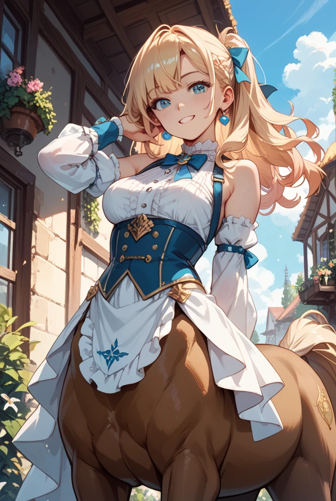 (small breasts:1.2), (perky chest:1.2), (pointed chest:1.2), (Pudding cake magazine cover:1.3),(from above:1.0),(shoot from the side:1.1),masterpiece, 1girl, Amazing Cleavage:1.1, thin waist, optimum,tmasterpiece,hight resolution,best qualtiy,hyper HD,super detailing,awardwinning,a 18yo cute girl,(The upper part of the body),anatomy correct,Beautiful Black miniskirt,garters,Gaze,Small face,bangss,holster,Beautuful Women,hands up,leg holster,Gaze,black boots,Cowboy Shot,cute face,a blond,Longhaire,Twin-tailed,Braids, Hairline,(scarlet eyes),long eyelasher,Hanging eye corners,White skin of the, ((see through camisole:1.1)), ((Sheer nipples:1.0)),Rocket Tits,(Slim body),smile,seductive weak smiling,(with sparkling eyes and a contagious smile),little open mouth, Looking at Viewer,