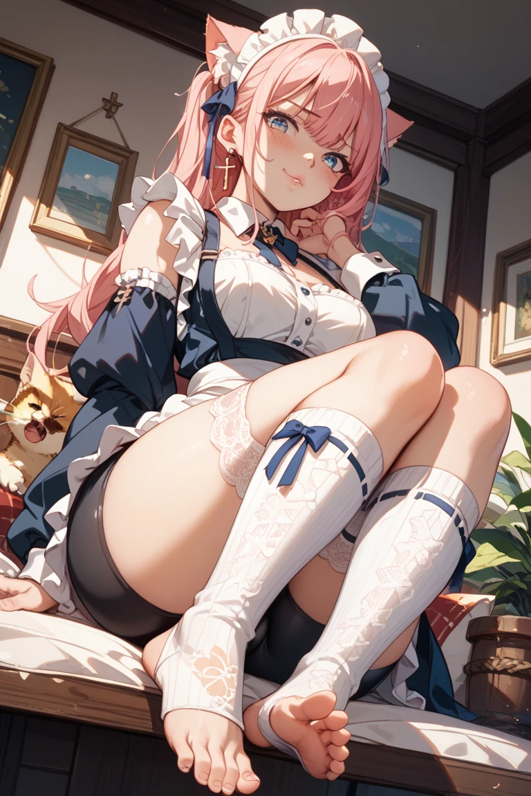 Anime girl with pink hair and white stockings sitting on blanket, cute anime catgirl, White Cat Girl, Very beautiful anime cat girl, beautiful anime catgirl, anime barbie in white stockings, the anime girl is crouching, anime catgirl, very beautiful cute catgirl, Attractive cat girl, at pixiv, anime cat girl in a maid costume，White lace bra，Reveal bra and panties，White lace panties，Take off your underwear，exposed waist