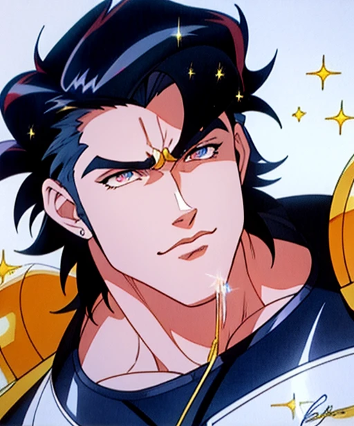 (Masterpiece: 1.4), (Best Quality: 1.4), 1 child, solo, (Emiya Shirō \(fate\):1.2), mischievous smile, long black hair, tied in a ponytail, tanned skin, purple eyes , Male, open shirt, muscular, Aesthetic Boy ((very good anatomy)) toned muscles, athletic, prominent pectorals and abs, ((Ancient Indian clothing)), Black and dark green Sherwani, (((Traditional Indian clothing))) Black Churidar, liquid gold floating around, facing viewer, upper body, city, cityscape, sky, night, stars, anime style, moon-like style