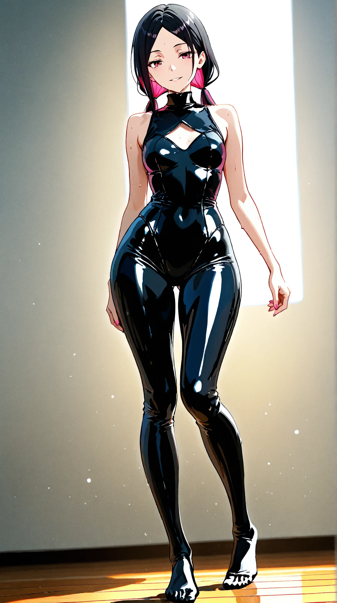 dutch_angle, from_below,full body,very tall girl, huge breasts, big nipple,breast grabbing,cleavage,thick thighs,very long legs, small waist, black bodysuit,short hair, black background