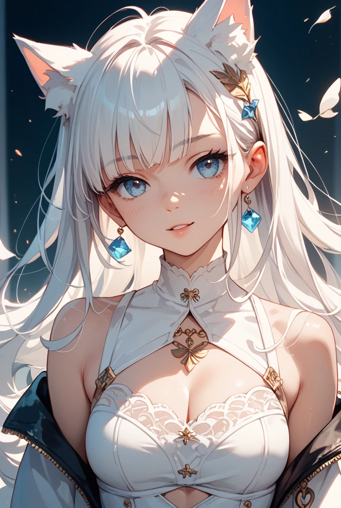 Pelo blanco, ojos color anaranjando, pupilas de gato, collar de correa, vestimenta blanca, mirando al espectador, mirada traviesa, chica gato, chica hermosa, chica sexy.