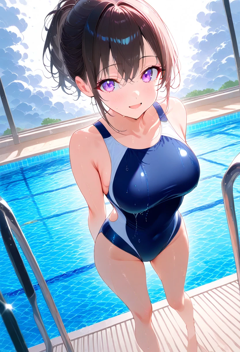 (highest quality), (highest resolution), (16k), (Very detail), Accurate and natural composition, Midsummer Scenery, Adorable Girl, shyness, blushing, Describes very soft breasts and buttocks, thin and tight-fitting swimsuit, Functional and beautiful swimming pool, Natural light and shadow, Accurate human anatomy, Realistic texture
