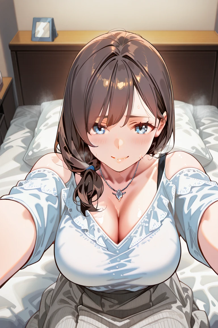 realisticlying、Two adult women、selfee、Looking Up、Face Zoom、Chest zoom、Cleavage emphasis sitting on bed、A sexy、Face of joy