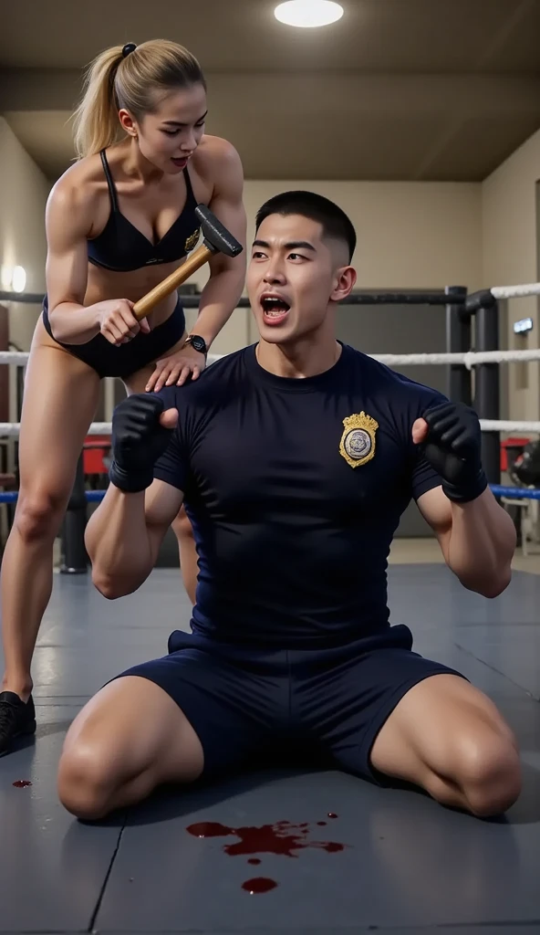 ((best quality)), ((masterpiece)), (detailed), 8K, HD, masculine, extremely handsome thai, muscular bodybuilder, wearing boxing gloves, suspendedonpenisms, open mouth gasping, ((sweaty)), perfect penis, dripping precum, cumshot, cum, projectile, cum in anus, cum overflow, spotlight from above, sexy, homoerotic, cinematic lighting, cinematic shadows, perfection