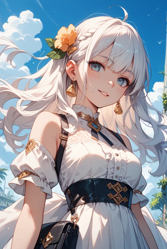 anime style,hairstyle forehead,teen girl,white hair,twintail hair,blue eyes,pregnant,happy smile,lovable, caressable flower,