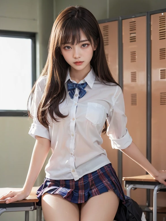 (1 young girl), kawaii, high detailed, attractive, beautiful, accurate facial features, symmetrical features, highly detailed face and eyes, messy hair style, small breast, slim figure, , (high school uniform, pleated  mini skirt), sitting, open leg pose, 8K UHD, high res, realistic skin tone, volumetric lighting, school, class room setting 