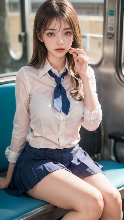 top-quality,ultra - detailed,tmasterpiece,hentail realism,Photorare,Bright lighting,1 girl in, an extremely beautiful 17-year-old girl, (kawaii:1.2),Thin smile, (Brown eyes),(Brown hair),(short-hair),perfect glossy shiny skins,flawless skin,((erotick,Sexy and sexually explicit)),((Exact pointers,No discomfort)), large full breasts,big breasts thin waist, looking at viewert,((Navy blue cardigan)),((Long sleeve uniform white shirt)),(Blue Ribbon),(plaid skirts),(((skirt lift by yourself))),(lifted by self),(((showing panties))),panties on,Panty Focus,((Sit up,Spread your legs apart)), sockes, (Black knee socks),(Loafer shoes), In the daytime,On the train,Horizontal bench seat,Turn your back to the window、Chignon Hair、wears glasses