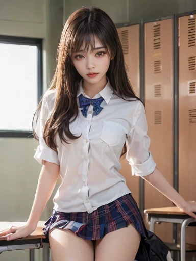 (Cowboy Shot)、alone、(hairpin), cardigan, Wavy Long Hair, Pink beige hair, Black bow tie, Sitting, desire,compelling glances,Hyperrealism, Original Creation, High quality 8K backgrounds, Intricately etched, Visually stunning, aesthetic wonder, Perfect excellence, The intense ambiguity, Calm colors、(Very long hair)、Beautiful woman,(school uniform)、Plain Shirt、Shirt with emblem on chest, Pleated skirt、(smile)、(((weak)))、((Delicate painting)),(Detailed RAW photos of girls), (highest quality:1.6), (Ultra-high resolution:1.5), (Realistic:1.75), 8K resolution, Canon EOS R5, 50mm, Absurd, Very detailed,Cinema Lighting,((Spread your legs))、((Panties are visible through the gap in the skirt))、((defenseless))、(Sexy Lace Panties)、(Wearing navy blue socks)、Browsing Caution:0.2、Bright classroom
