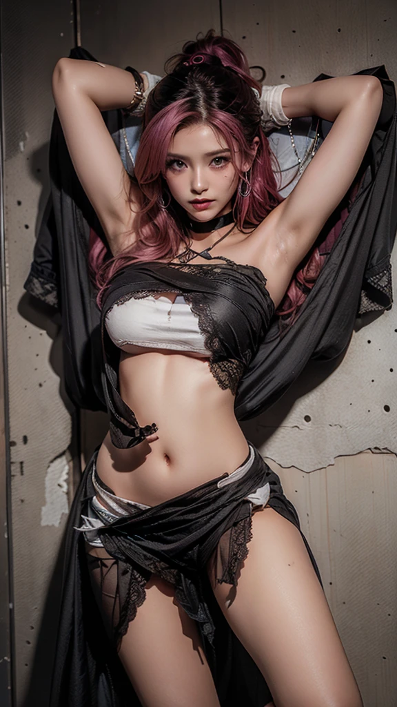 ( Masterpiece:1.25, exposed:1.2, White and vivid colors, navel), (y junior idol), ((face variations)), portrayed in the best quality and high resolution. The image should be ultra-detailed, realistic, and photorealistic with a touch of rawness. back lighting, colorful Light shines through delicate stained glass. The medium can be a combination of photography and concept art. The color tone should be vibrant and vivid, enhancing the overall visual impact. Whole Body proportions and all limbs are anatomically accurate .