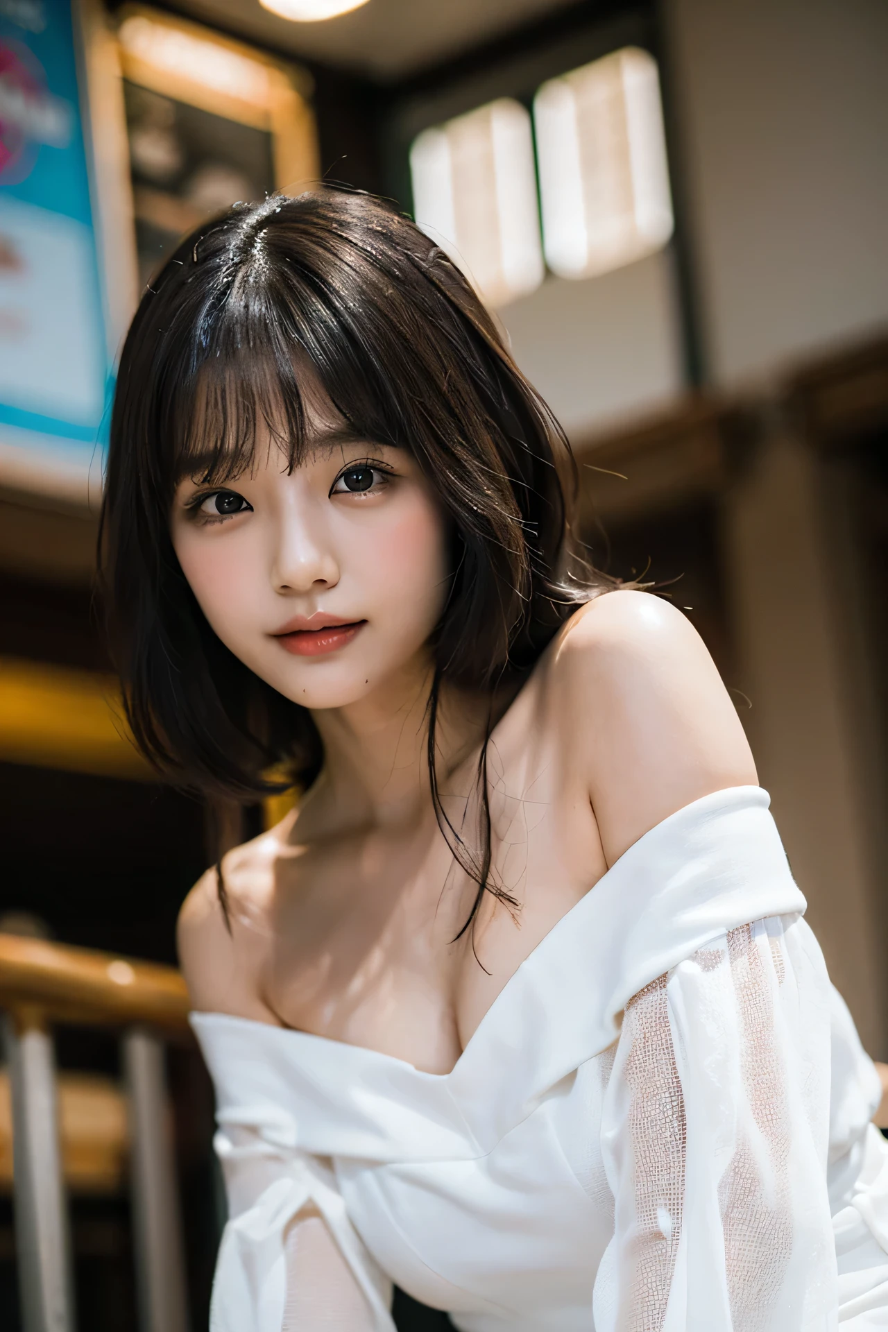 ((masterpiece,Highest quality 1.4)), (8k,RAW Photos:1.2), (Realistic,photo Realistic:1.4), Ultra-high resolution , (Highly detailed 8k wallpaper) ,Japanese Idols, Japanese actress, Japanese, very cute, Big eyes, highly detailed eyes and face, Beautiful eyes in every detail,shiny skin ,upper body,(medium hair and straight hair :1.3), (smile:1,3、Professional Lighting, Sharp focus, Written boundary depth , (Dynamic Angle:1.4 ). Blur the background, Bokeh, (Pastry chef costume) 、Cake shop