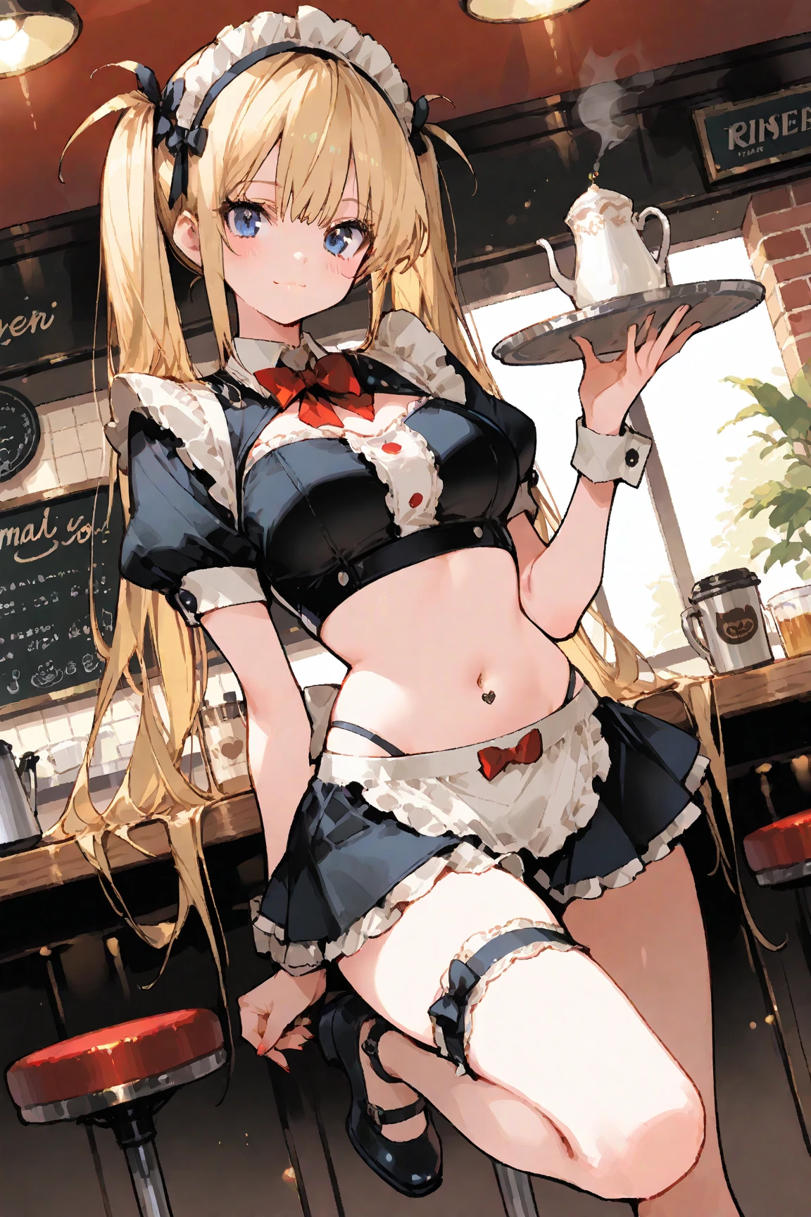 Blonde with blue eyes、maidbikini staff、Large Breasts、Twin tails、Girl Brat,Large Breasts,Cute eyes,Puffy eyes,cafe,