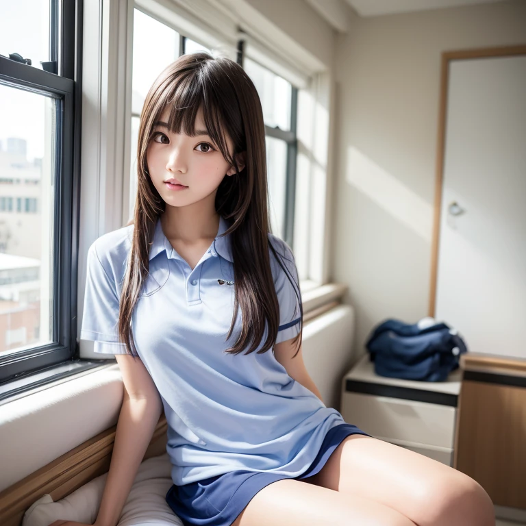 Bright expression、Photorealism、highest quality、Ultra-high resolution、photograph、The most beautiful Nordic photographs、Cute and beautiful face details、Small face、(Facing the children_v1:0.008)、Beautiful bangs、Alice in Wonderland、、(Thighs Thighs Thighs:1.2)、Esbian all over、Glowing White Skin、Hair gets tangled in the face、Bangs that reach down to the face、bangs、Hair between the eyes、Super long hair、Attractive brown, super long, straight, silky hair、Thin Hair、Beautiful bright, clear, light blue, large eyes that are charming and shining、(school uniform, Short sleeve shirt:1.2)、eyeliner、Sitting in a chair、double eyelid、Ample breasts、Dynamic pose