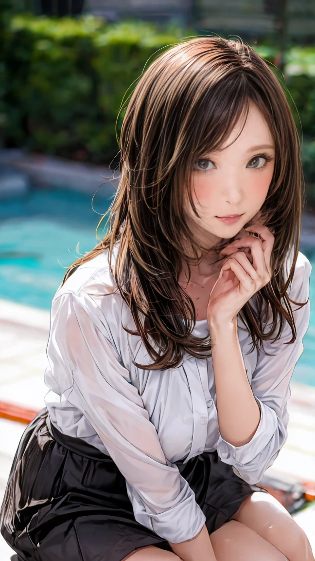 1girl, beautiful woman, yellow onepiece swimsuit, skinny, perfect body, defined abs, gold hair, standing in daytime pool room,  ultra-detailed face, beautiful eyes, beautiful lips, double eyelids, shy smile, trimmed bangs, sun-kissed skin, hint of pubic hair, (best quality, 8k, masterpiece:1.3), frontal and full-body shot, pussy line, front facing, open legs pubic hair