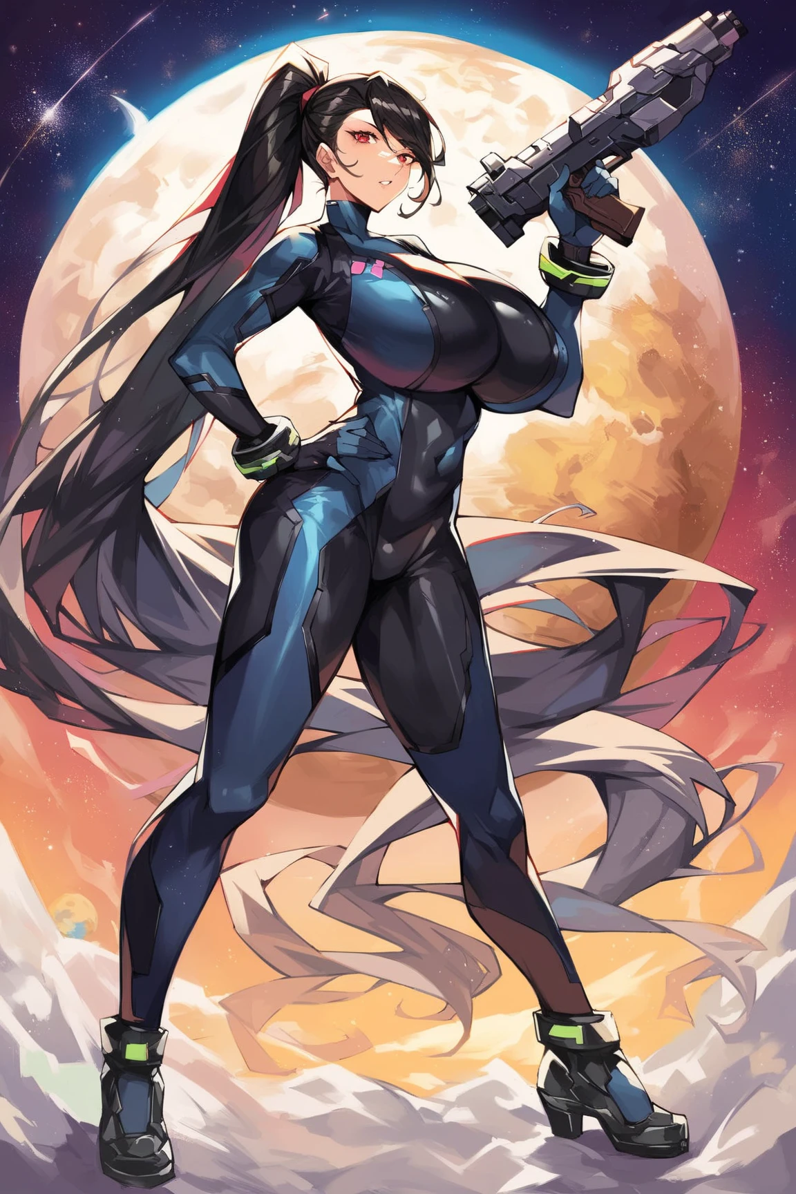 (short hair, silver hair:1.3), red eyes, pale skin, muscular female, anatomically correct, mature female, curvy, huge breasts,  leg up, 1girl, solo, katana, breasts, high_heels, bodysuit,arms_up, covered_navel, full_body, skin_tight, standing, jewelry, rating:safe, anime coloring, anime screencap, hair ornament, (shaded face:1.2), yellow eyes, drunk, blush, forehead mark, makeup, embarrassed, 