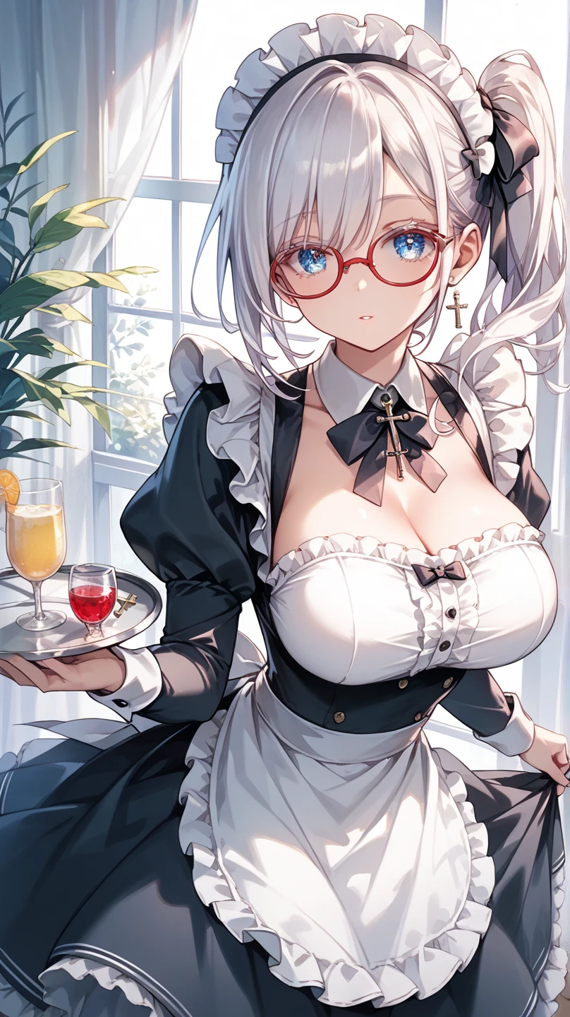 (best quality, masterpiece), (ultra high resolution, 8K RAW photo, photo realistics:1.5, textile shading, thin outline, clear focus:1.2), Beautuful d woman preparing tea-time in the garden, standing by the round table, (tea set, tea pot, tea cups, some Strawberrycakes on dish), classy art deco style table, wearing light_brown maid uniform, breastage:1.2ostume:1.2, long flare skirts, apron, bow ties on thechest, long tall sally, long legs, long silver white hair, (wearing thin-flame glasses:1.2), (milf:1.5, 28 years osolo), (medium breast, sagging breast, ts, narrow waistdium sho hair, hair over one eye, (updo hair:1.2), side lock, asymmetric hair, wavy hair), (bright pupils, detailed eyes, high detailed face, Perfect face shape, eye rush), (seductitve smiling, half-closing eyes), (looking at viewers:1.3), (dynamic angle, full body, from above:0.9), ((correct anatomy:1.5, correct hands)), (ideal ratio of body proportions), (outdoor:1.2, grass field),
