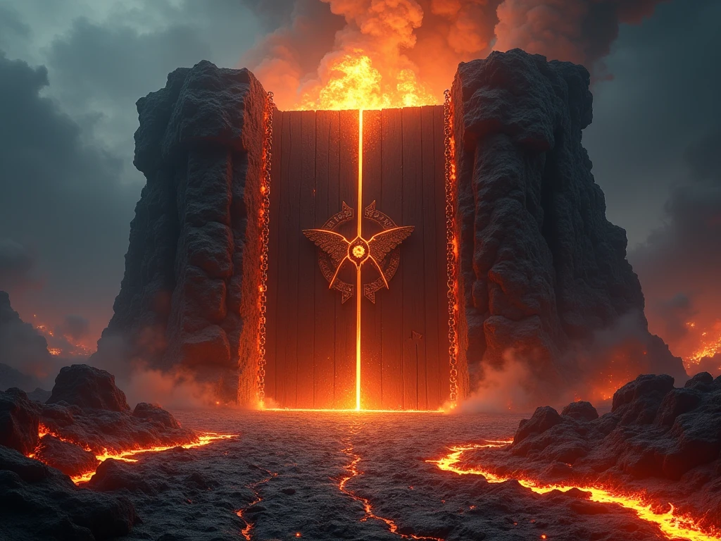 A massive, sealed gate stands in a volcanic wasteland, forged from ...
