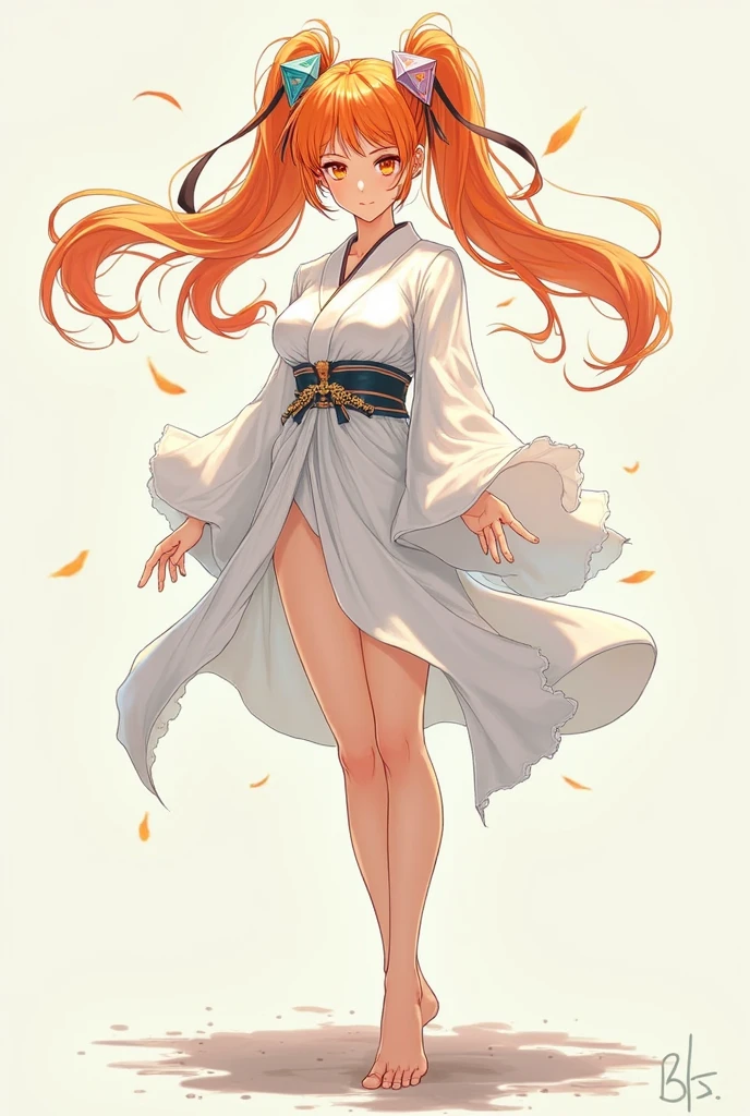 A very beautiful woman, orange skirt, standing, topless, red hair, by mikozin