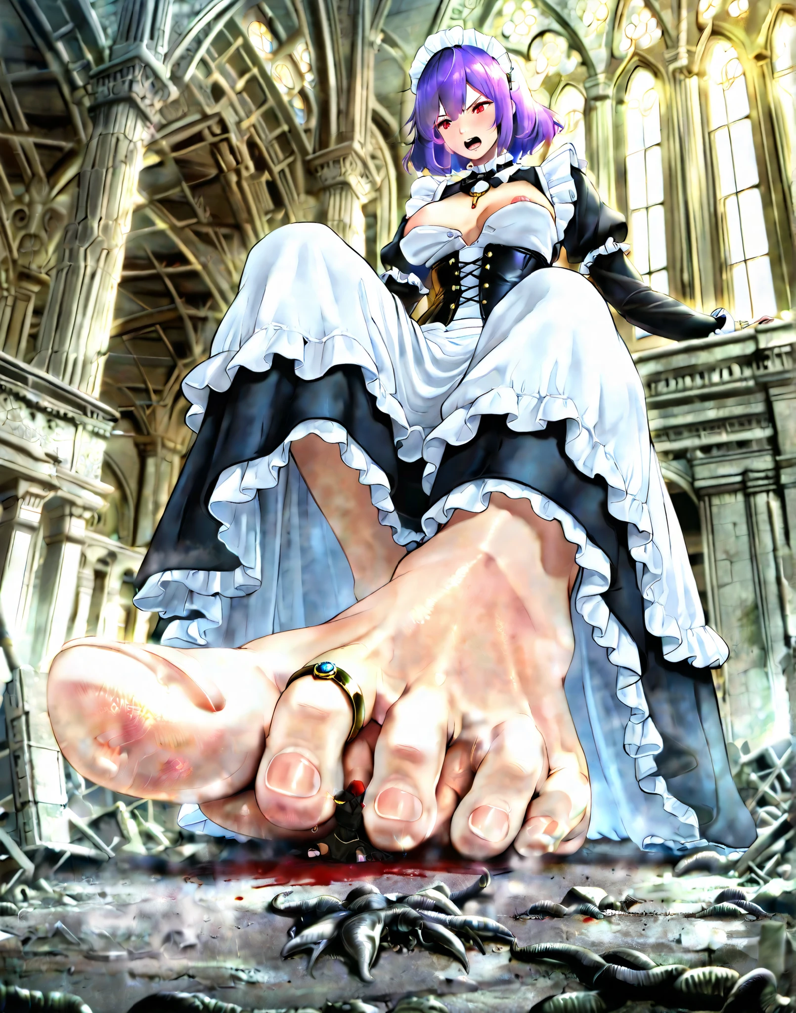 Giantess Kanako Yasaka as a cruel sexy maid, sitting on ruins, worm's eye view, focus on massive bare sole, anatomically perfect foot, skin wrinkles, golden toenails, crushing a tiny man between big toe and second toe, blood dripping between toes, toe ring with ruby, exposed breasts, black and white maid outfit, open corset, bloody floor, tiny humans kneeling in fear, soft lighting, hyper detailed, realistic textures, sadistic expression, purple hair, dominant sole,5 toes