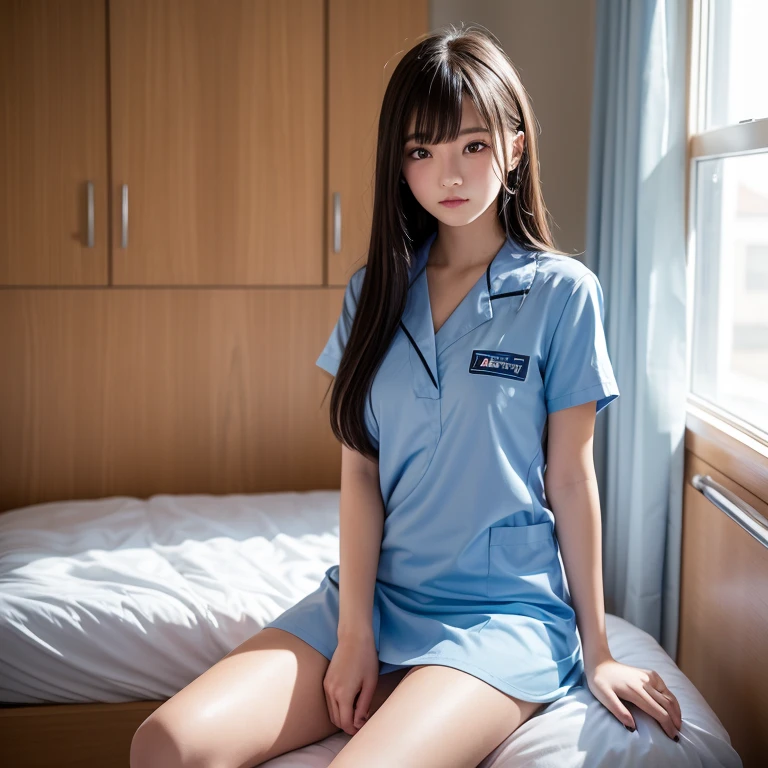 Highest quality、Highest quality、8K quality、whole body、One Japanese woman、Incredibly detailed faces、brown and light hair、Beautiful eyes with amazing details、Perfect breasts、Beautiful body、Slightly tanned skin、ponytail、2、Love hotel bed、(Thin and small silk panties)、((Spread your legs 1.4,Squat:1.2))、((Medium Hair))、Lying down、Natural smile、Braiding、Look at this、Feel the expression、Naughty look、(real short nurse uniform:1.2)、(Nurse cosplay.2)