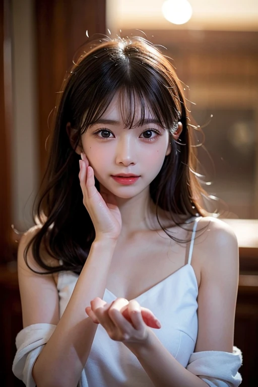 A very cute face like an idol、Looks like a young face、20-year-old female、Gentle and cute、Cleavage、Beautiful starry sky、(Looking up at the night sky)、((Dim lighting))、RAW Photos、Genuine、live-action、(Romantic)、(Artistic Expression)、(Fantasy)、High resolution、masterpiece