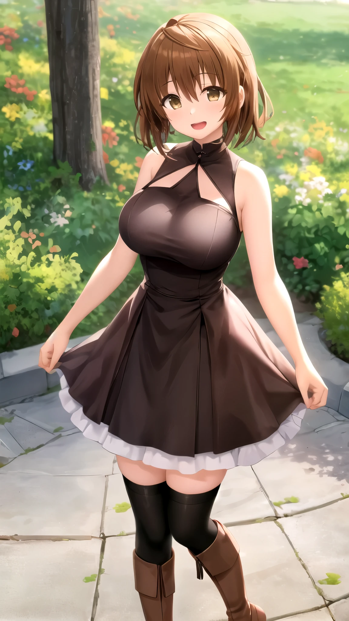 Masterpiece, Best Quality, girl, looking at viewer, Rito Yuuki, Brown hair, Brown Eyes, large breasts, sleeveless idol dress, very puffy skirt, flared skirt, thigh highs, heeled boots, standing, smile, open mouth, outdoors