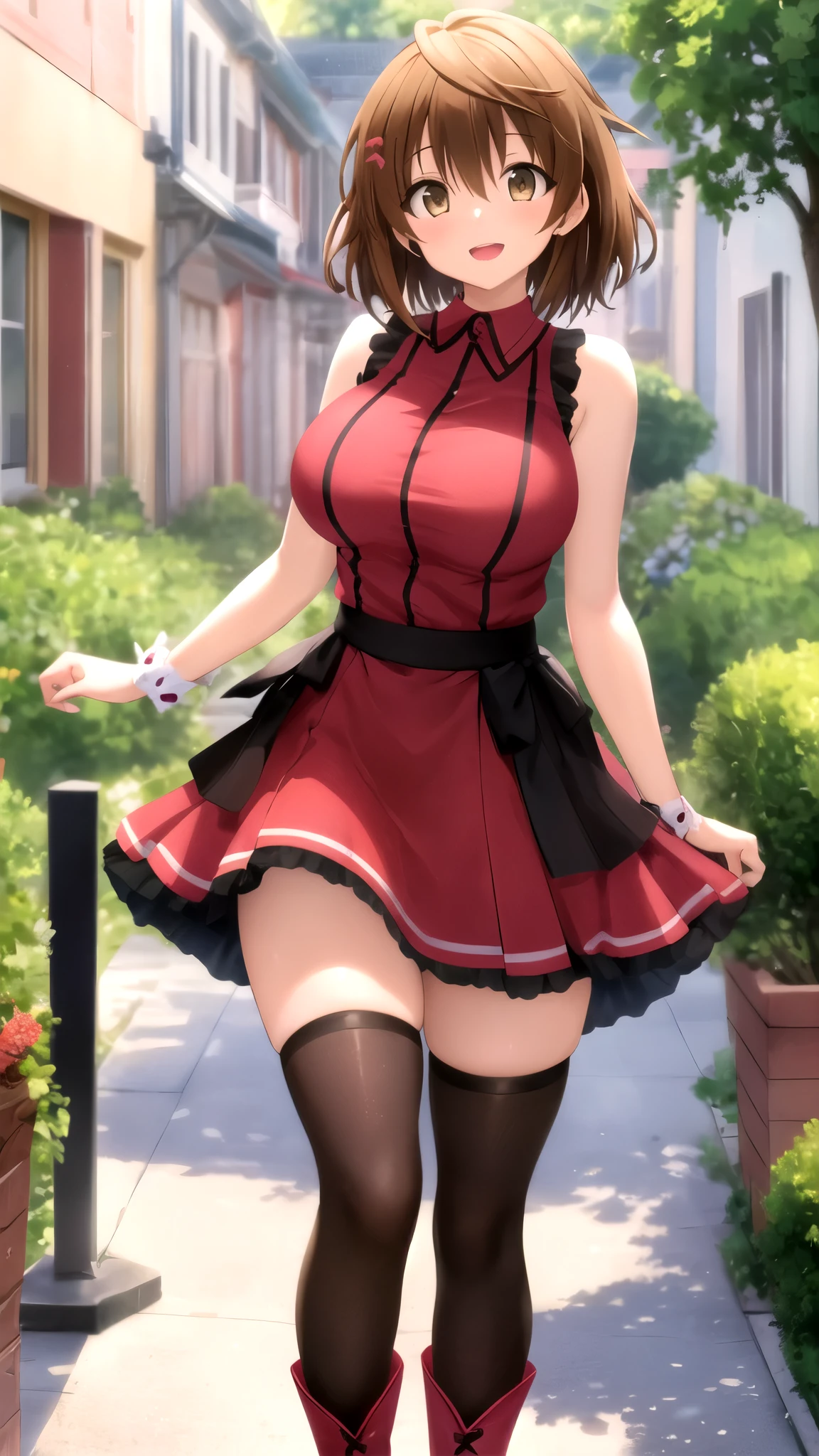 Masterpiece, Best Quality, girl, looking at viewer, Rito Yuuki, Brown hair, Brown Eyes, large breasts, sleeveless idol dress, very puffy skirt, flared skirt, thigh highs, heeled boots, standing, smile, open mouth, outdoors