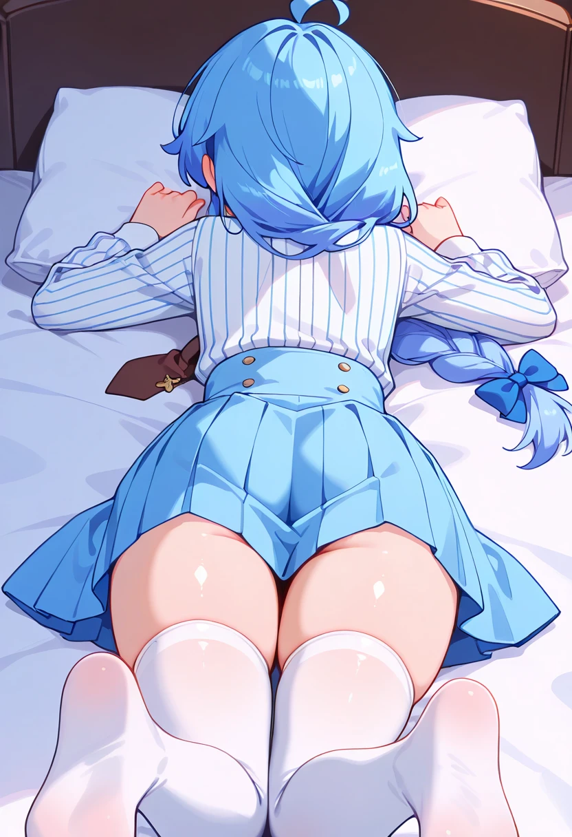 1 girl, , 超High resolution, retina, masterpiece, Accurate, Anatomically correct, Rough skin, Very detailed, Advanced Details, high quality, Awards, 最high quality, High resolution, High resolution, 4K,(anime,8k,masterpiece, 最high quality, 最high quality,beautifully、beautiful:1.2,Professional Illustration:1.1,Very detailed:1.3,Perfect lighting),Very detailed,Most detailed,High resolution,Cute pose,Embarrassing,Light blue hair,(bed:1.5),folder,(Looking down from above:1.5),(trembling:1.9),(Looking down from above:1.5),(orgasm:1.2),dissatisfaction,Crawling posture,Dorsal position,(From behind:1.5),(Prone:1.5),how,(Ass Focus:1.5),From behind,Upper Body,(school uniform:1.5),(wet clothes:1.5),(back facing:1.5),(bottomless:1.5)