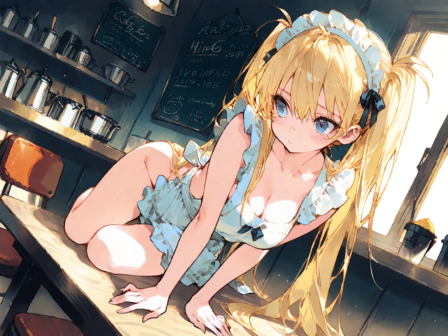 Blonde, maid dress, sitting on table, half nude