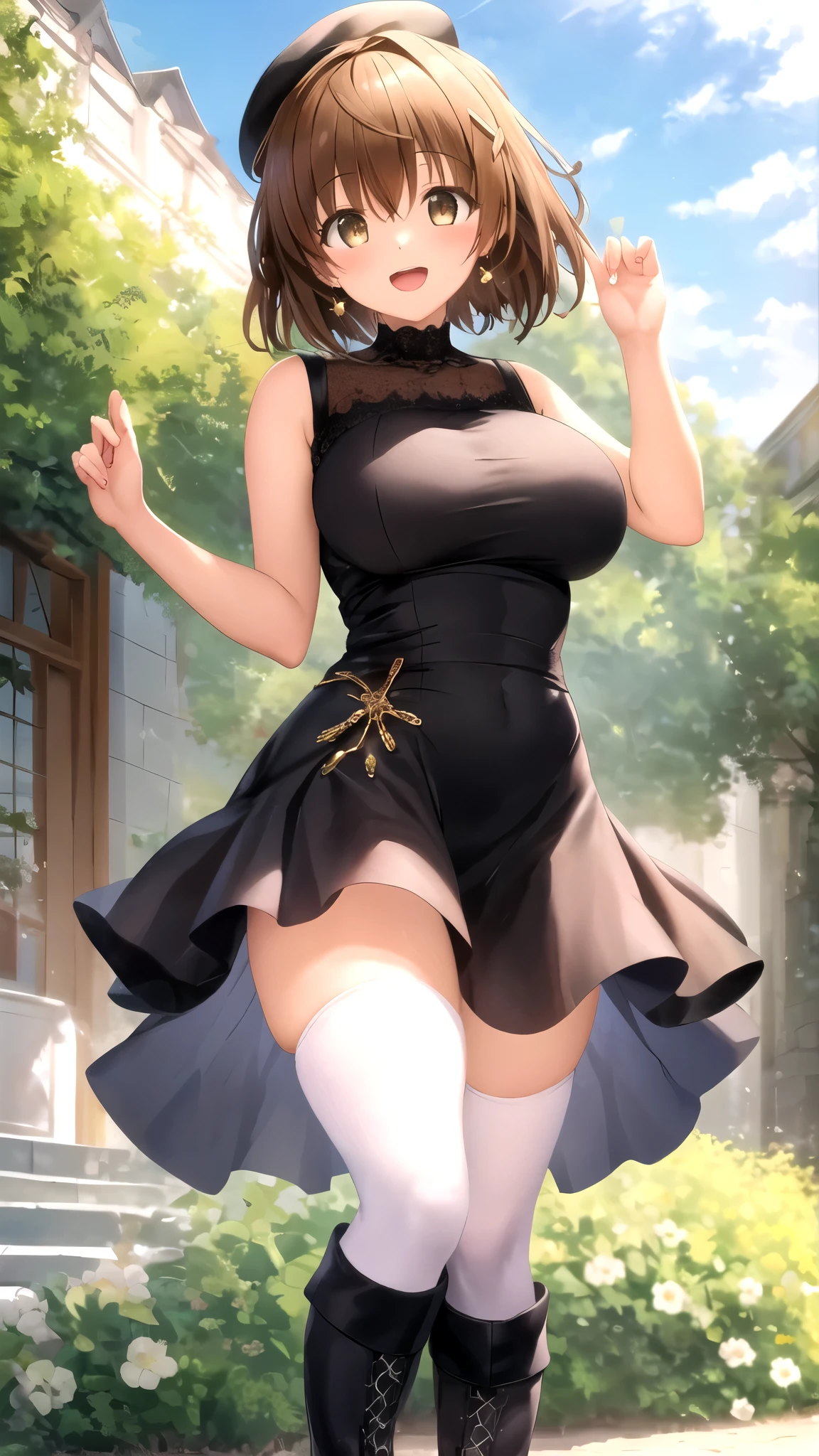 Masterpiece, Best Quality, girl, solo, looking at viewer, Rito Yuuki, Brown hair, Brown Eyes, large breasts, sleeveless idol dress, very puffy skirt, flared skirt, thigh highs, heeled boots, standing, smile, open mouth, outdoors