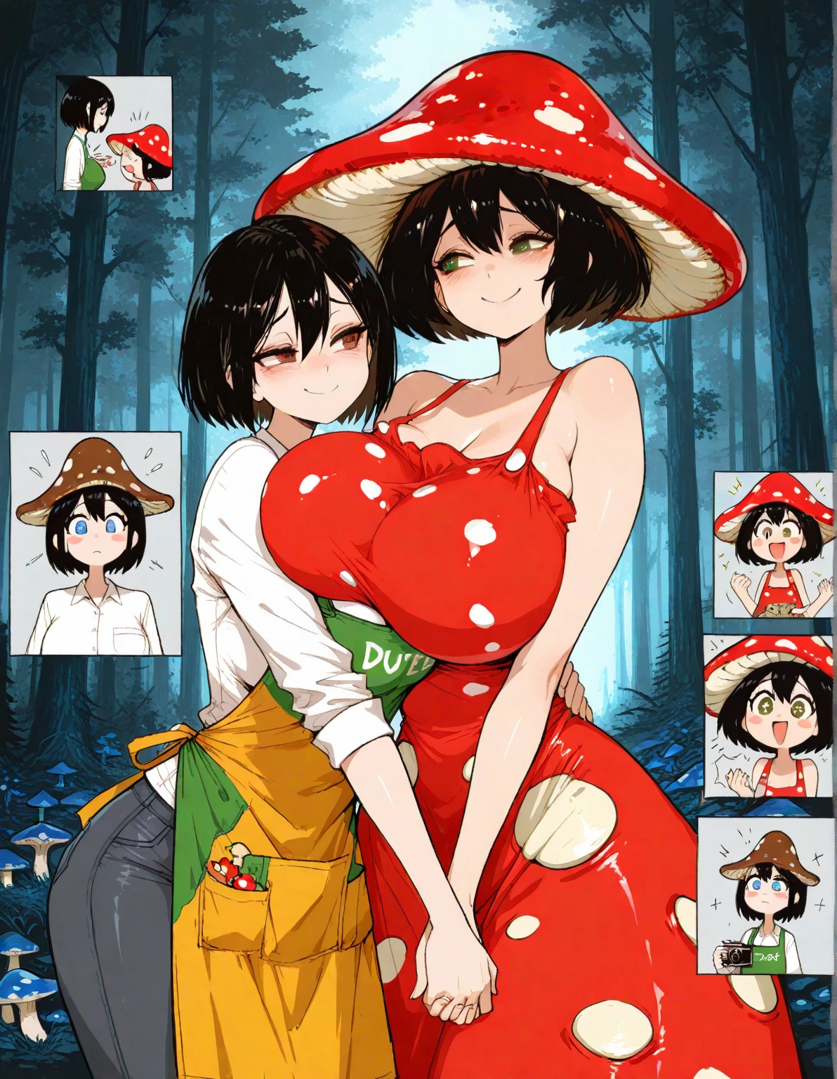 score_9_superior, score_8_superior, score_7_superior, superiorper body, from the front, One girl, room_mushroom, Brown Hair, Medium Hair, bangs, blunt bangs, Hair on one eye, Brown eyes, (X-shaped psuperiorils, symbol-shaped psuperiorils), Curvy, Medium chest, smile, Sticking out tongue, Mushroom hat, Red dress, polka dot dress, Wide skirt, turtleneck, Long sleeve, Fur cuffs, Black belt, Thighs, Frill boots, Polka dot legwear, mushroom , indoor, On the stairs, sauce_anime, anime style, anime studioasui tsuyu, Face to face, bilateral symmetry, two women, Anger, huge breasts, veins of Anger, hatred, Hatred, grimacing, nudity, angry, steam, saliva trails, sweat, huge breasts, Anger, nudity, angry veins, muscular woman, symmetrical, equal, screaming, shiny skin, abs, chubby, Scarred, thick legs, thick arms, fat overall view, symmetrical, symmetrical, symmetrical, short of breath, Punch in the belly