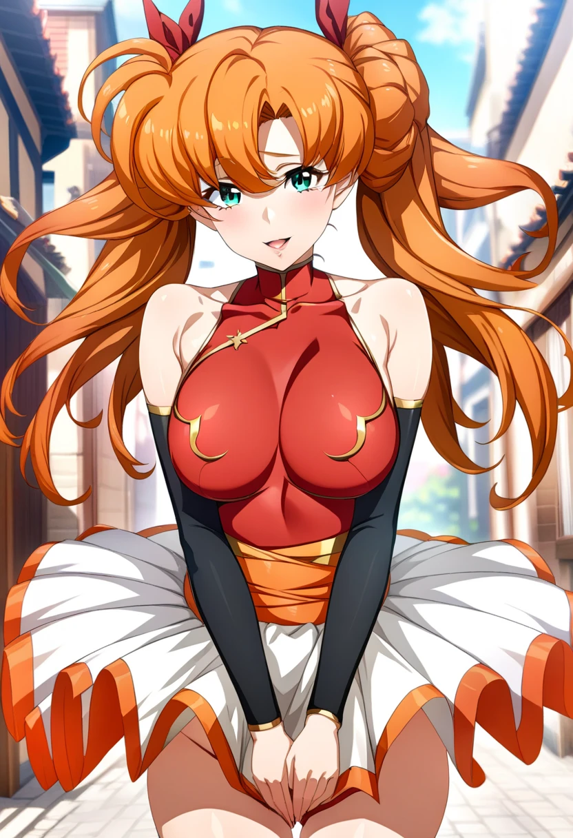 RED_Ribbon_on_HAIR_band,(nsfw:0.7),Masseter muscle part, highest quality, Super high resolution, highest quality, anime style, best lighting, beautiful face, masterpiece, 8K, High level image quality, High pixel count, 1 woman, 1 girl,solo, Blonde and red gradient hair, red eyes, A big smile, Full body Esbian, (Face-centric:1.1), facing the front, wearing a uniform, village background, countryside village, upper body, (White haori:1.2), (Medium breasts:1.1), WHITE tights, Chest opens:1.4,cleavage,cleavage cutout,hosimiya ichigo
