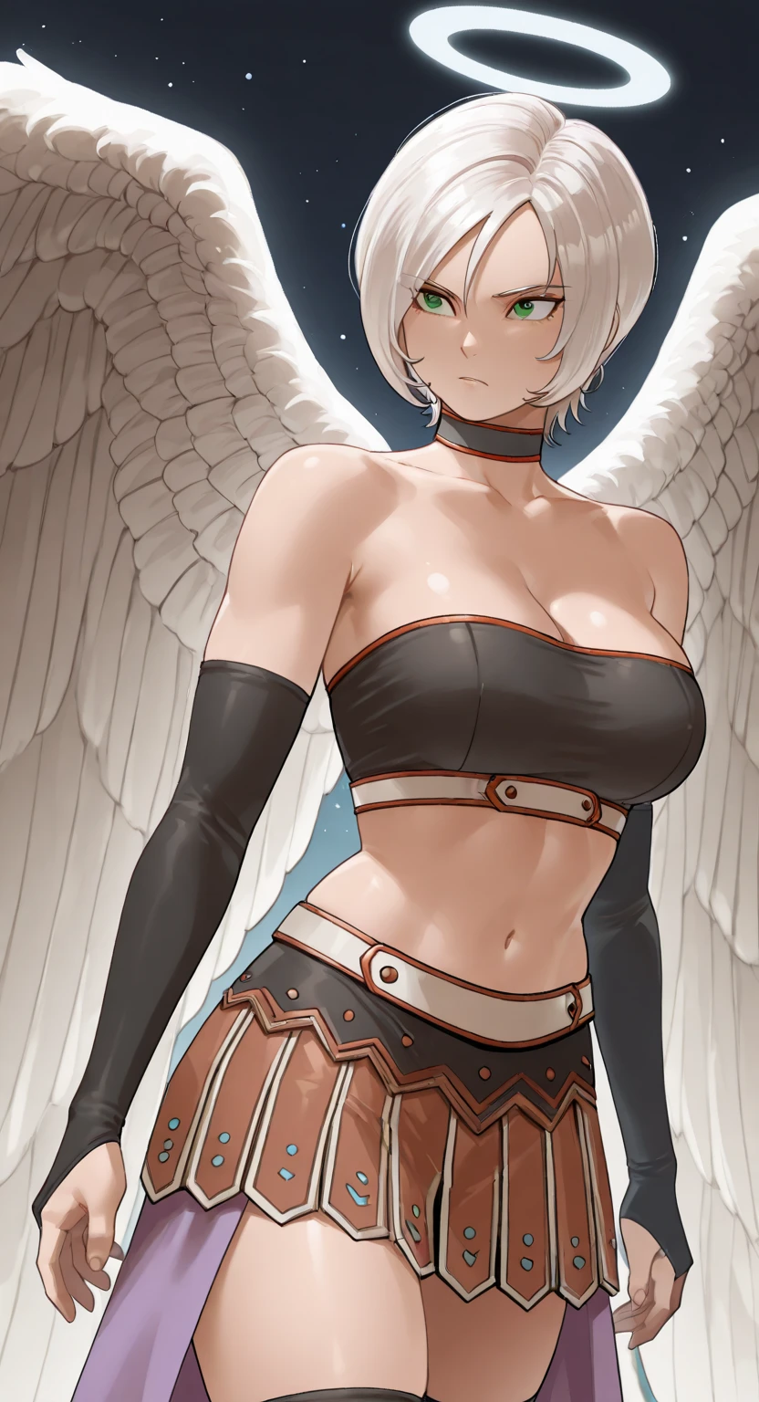 an angel, female warrior, dark background, tanned skin, blond short hair, big muscles, ((huge tits)), Nipple piercings, huge huge thighs ((((Best quality))))