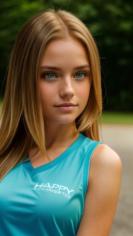 A photo of a beautiful girl with (long / short) (blonde / brunette / redhead) hair and (blue / green / brown) eyes. She is wearing a (casual / formal / sporty) outfit and has a (happy / sad / serious) expression on her face