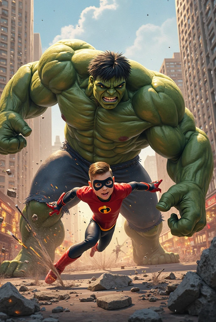 A child fighting with hulk