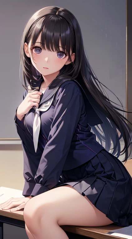 Kanao Tsuyuri, Kanao Tsuyuri, black hair, butterfly, butterfly hair ornament, (purple eyes:1.1), side ponytail, ponytail, NFV,
BREAK black skirt, e.g, Demon Slayer Uniform, long sleeves, pleated skirt, skirt, white e.g,
BREAK looking at viewer,
BREAK indoors, dumb room,
BREAK (table:1.2), Best quality, A high resolution, Обои Unity 8k, (illustration:0.8), (beautiful detailed eyes:1.6), very detailed face, perfect lighting, very detailed computer graphics, (perfect hands, Ideal Anatomy),masterpiece,A high resolution,Ideal Anatomy,Cinematic lighting,anime keyvisual,beautiful detailed eyes,Best quality,unity 8k wallpaper,super detailed skin,White skin,White lace panties,knees up,upskirt,cover your chest with your hand