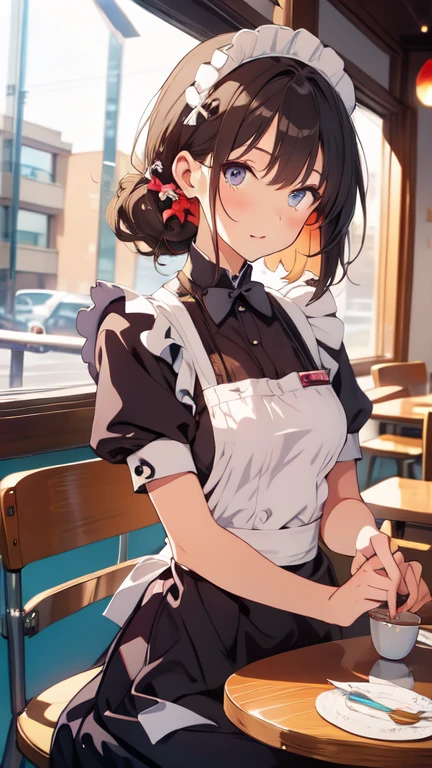 (A masterpiece of image quality in 8K),(from below:1.2),(Beautiful Allafed Woman),(((emphasizing breasts:1.0))),(Dynamic angles),(Dynamic and sexy bending pose:1.3),(sit a chair:1.3),(Short hair in shiny silver and orange inner colors,(perky chest:1.1), (pointed chest:1.3),small full breasts,Disturbance of clothing due to movement,breast slip,(Ponytail twisted buns adorned with elaborate braids and beads,Braided Setup Fishbone Hair,),(see-through bangs),small breasts、(((A white lace apron that shows your bare skin from under your small breasts)))、Blush with embarrassment、Enraptured eyes、A smile that beguiles the viewer、(Look back:1.2)、Look into the photographer,skin glistening with sweat,gazing at viewer,,(Professional Lighting),(8K,masutepiece,top-quality,Ultra-high resolution output image,),(Ultra HD with complex detail image modes),depth of fields,Beautiful hands,Beautiful fingers,Detailed finger features,(Detailed hair features:1.7),detailed facial features,detailed clothes features,

