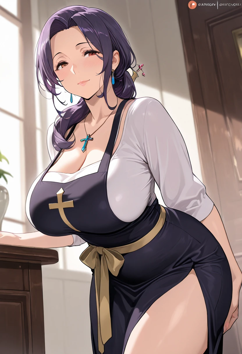 SFW, ((black grey skin Drow)), (gigantic breasts), firm breasts , tall girl, slim waist, curvy figure, arms behind back, (((purple_hair, long_pigtails))), ((red_eyes)), ((shirt, jeans, cleavage))