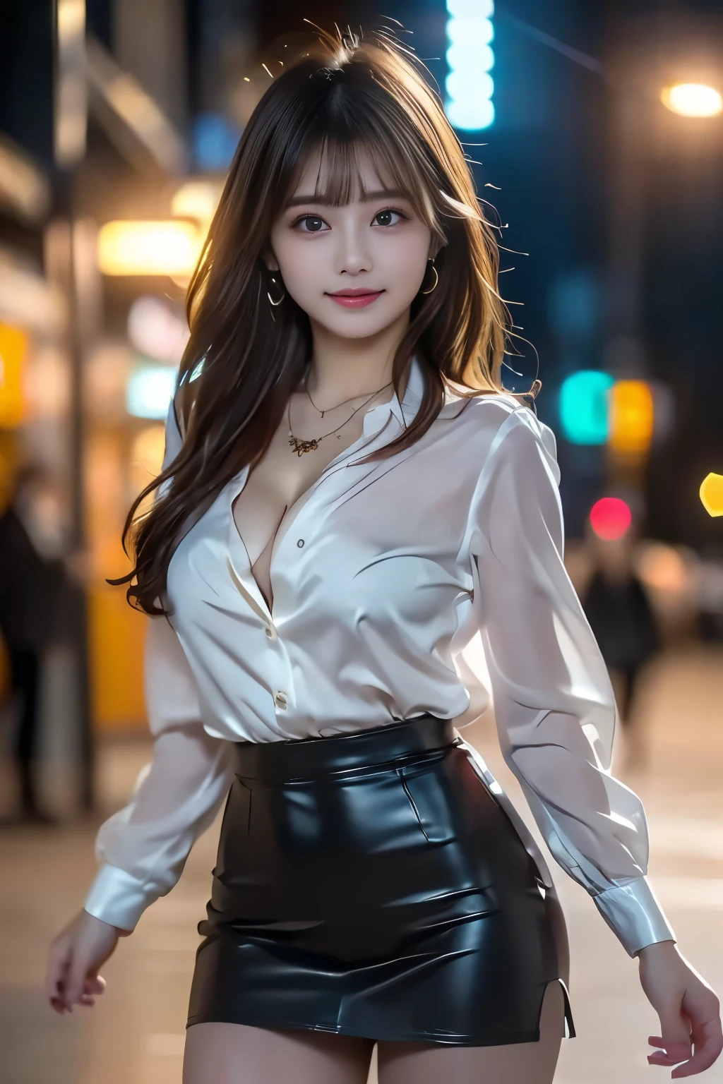 (Masterpiece:1.3), (8k, Photorealistic, RAW Photography, Best Quality: 1.4), high contrast, (((1girl))), A pretty woman with perfect figure :1.4, Cute face, Beautiful Face, (Realistic Face), Beautiful Hairstyle, Realistic Eyes, Beautiful Details, (Realistic Skin), Beautiful Skin, Attractive, Ultra High Definition, Ultra Realistic, Very Detailed, (small breasts:1.3), (cleavage:0.8), Japanese, semi-long curly hair, bangs, (Brown hair, small breasts:1.3), ((slim figure:1.2)), slim face, Small buttocks, gentle smile, (((black mini skirt with white shirt))), At Odaiba Seaside Park in the middle of the night with a beautiful night view, slightly slender face