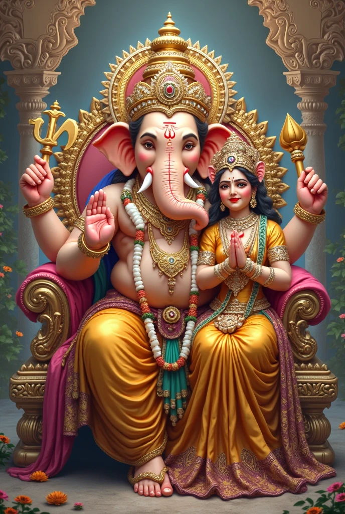 Ganesh and laxmi sitting on the lap of viswakarma and god viswakarma with his 4 hands sitting on the elephant
Two hands holding ganesh and goddess laxmi and 2 hands holding machineries