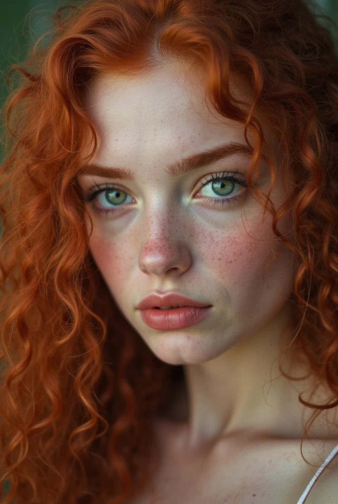 ginger, analog portrait photograph 20 year  woman, shot on fujifilm,  blue eyes, complex light, long and curly hair, sexy eyes <lora:ginger_v03:1>