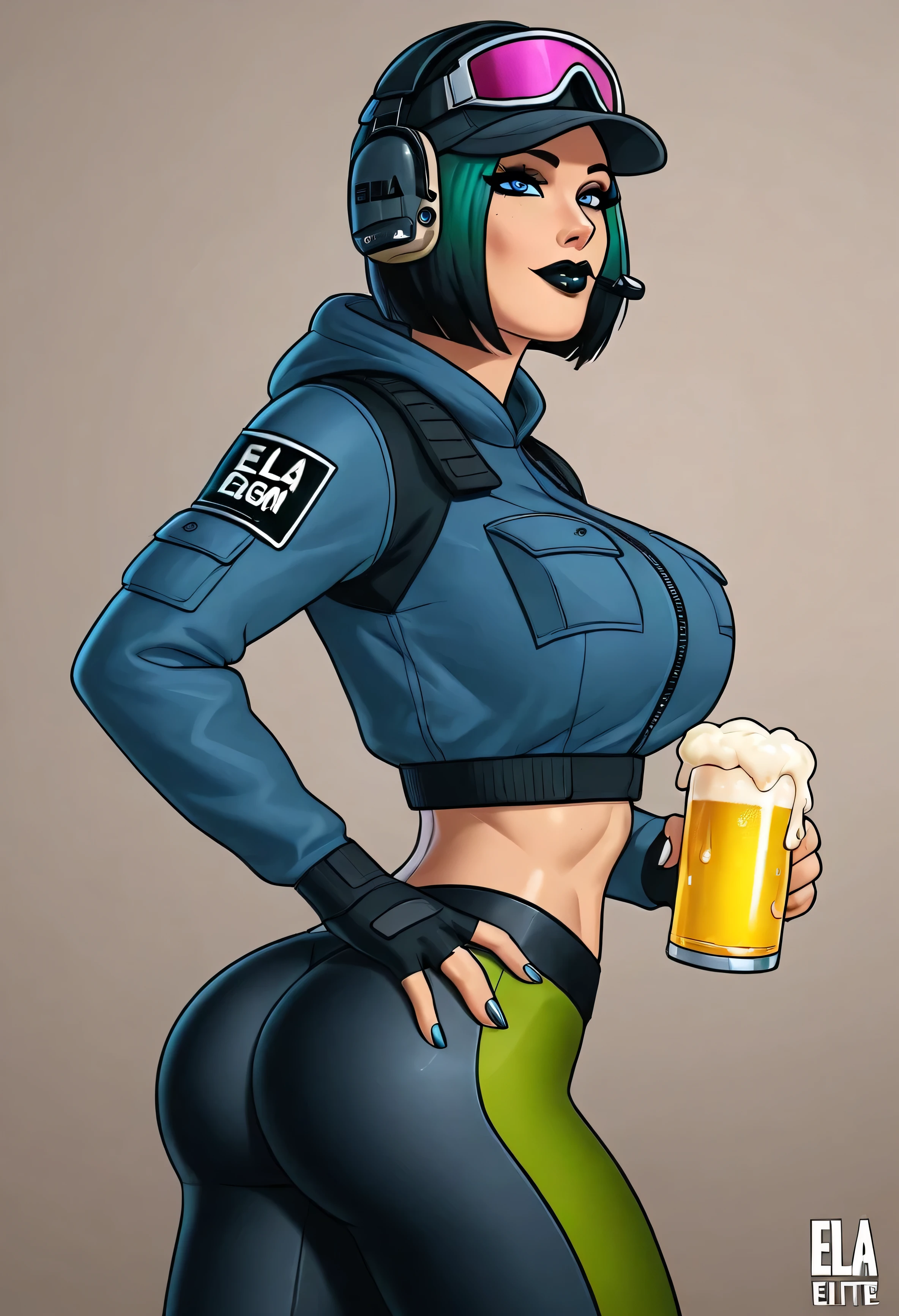 Score_7_up, score_8_up, score_9,BREAK, ela,ela \(Rainbow Six Siege\), ela elite \(Rainbow Six Siege\),, bodysuit, cropped jacket, jacket only, string pink bikini, tight leggings pante, red blush, black lipstick gloss fingerless gloves, fat breasts, blue eyes, covered big ass, clothed ass, sexy, oversize body, strip club,standing, holding a beer (Seductive smile, tired, bending forward, girl view), hyper lips, bimbo lips, latex lips, flacid belly, sweat musk, show flexible muscles