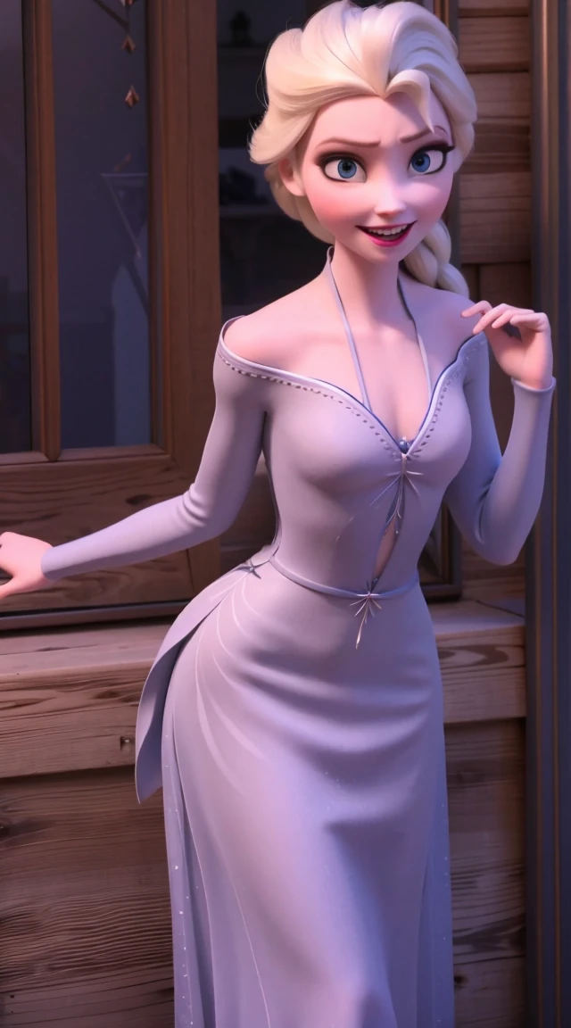 (masterpiece:1.4), (best quality:1.4), (high resolution:1.4), elsa of arendelle, large breasts, cleavage, lacey curtain top, no bottom, skin underneath , long hair, nude, no skirt, bare, golden belt, royal ballroom, crowd, smile,