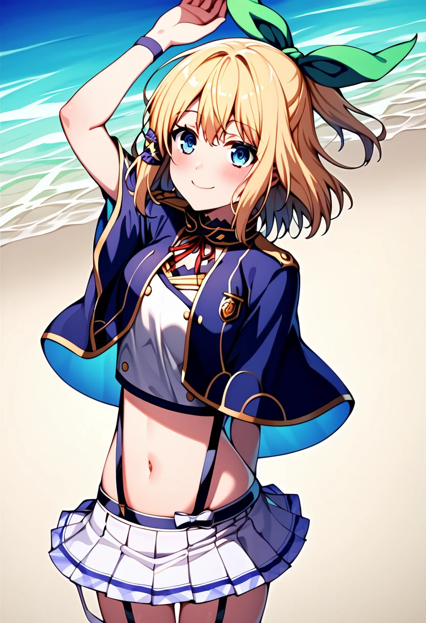 MASKING, 1girl, solo, looking at viewer, smile, short hair, blonde hair, brown eyes, yellow eyes, black bikini, high quality, solo, night sky, beach, arm behind head, hand on hip, contrapposto, closed mouth, spread armpits, (cowboy shot:1.5), looking at viewer, grin, best quality,