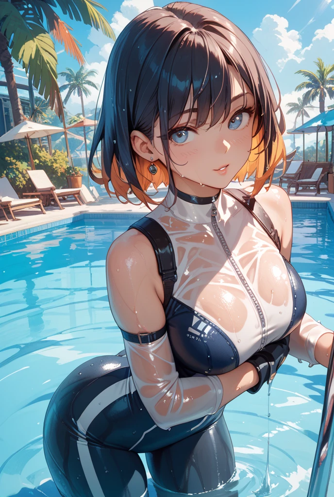 (Master masterpiece:2)、(((extremely fine and beautiful)))、(((The ultra -The high-definition)))、(16k UHD:2)、(Wet woman:1)、(Sheer see-through body armor:2)、(Metallic Pantyhose:1.6)、(medium large breasts)、(Transparent skin:1.6)、(Long ponytail hair:1.8)、(Beautiful eyes:1.8)、、(Nominal body type)、(Glamorous:1.4)、(musculature:1.4)、(Thin thighs:1.6)、(Thin leg:1.6)、(A smile)、perfectly proportions,Correct anatomy、Good anatomy、(Correctly drawn limbs:1.6)、(Pool at night:1.4)、(Dynamic Pose:1.2)、Dynamic Angle、 (luminism)),