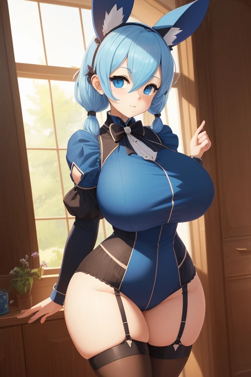 1girl:1.3), Masterpiece, Best quality, amazing beauty, [[3D]], 4K, absurdres, finely detail, super detailed eye, perfect anatomy, official art, cinematic lighting, BREAK, Hotel, long braid, blue hair, big eyes, facing this way, open-mouth, smirk, nose blush, BREAK , huge breasts, overweight, oiled skin, hand on chest, full body, shoot from above, Bold composition, BREAK , (playboy bunny:1.2), BREAK,