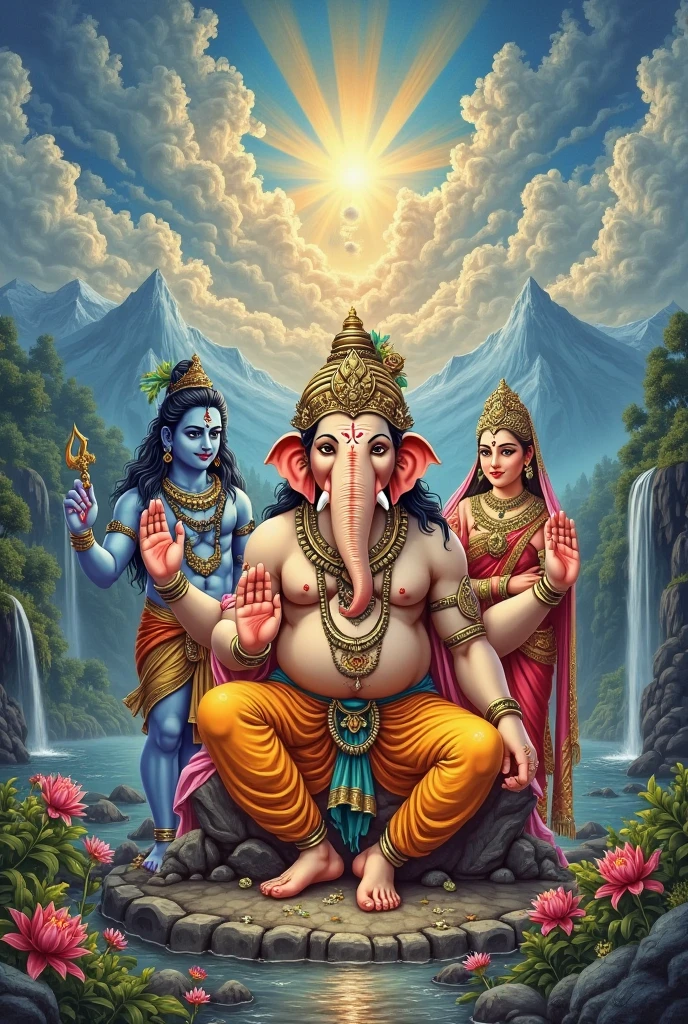 Seated on a lion Lord Ganesh with mother and father, leg near rat
