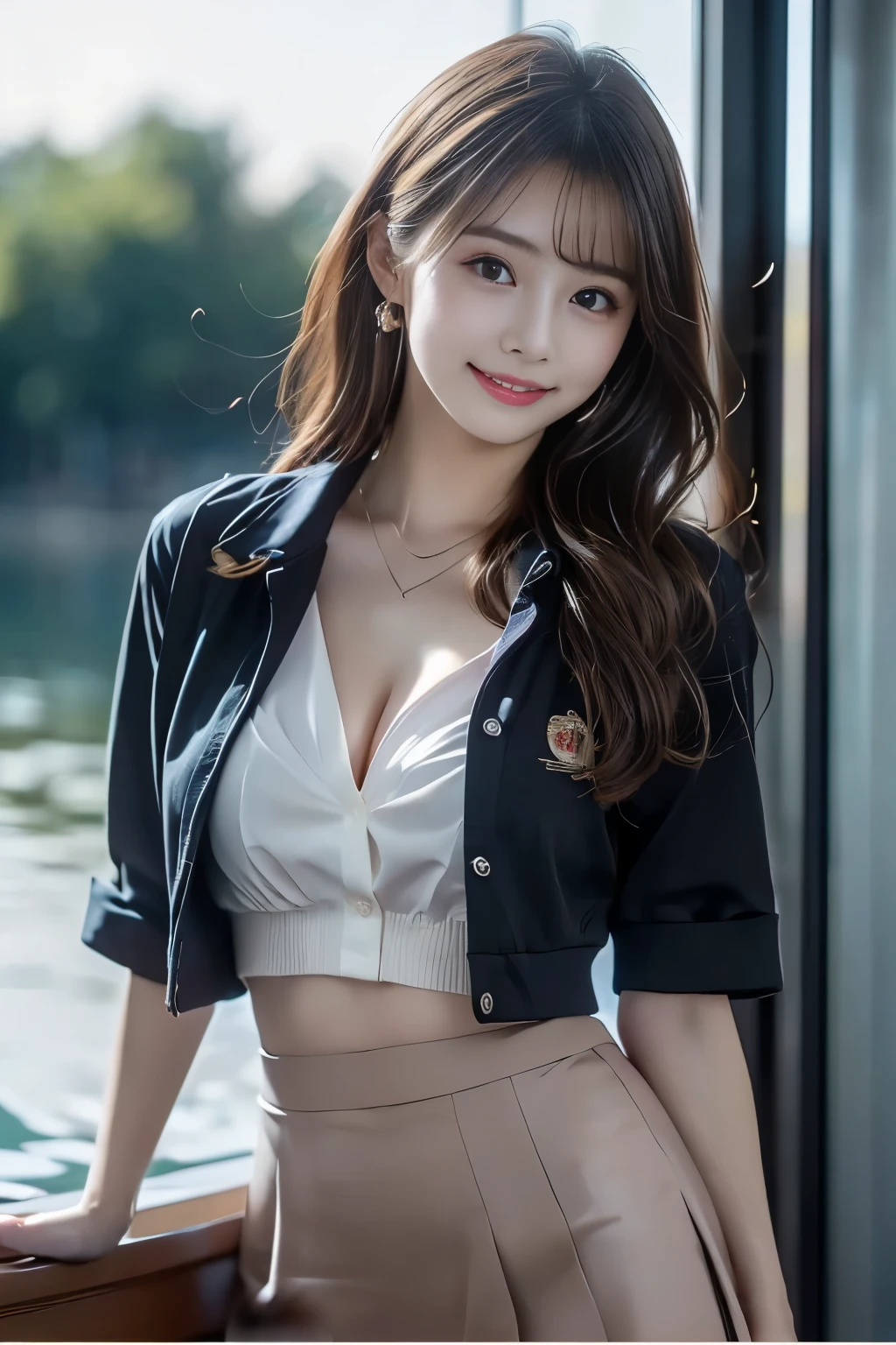Realistic:1.2,masterpiece,highest quality,98k,((One Woman)),20-year-old,Japanese women、Tight waist,Perfect Anatomy, Brown Hair, Wavy Hair,Random Hairstyles,Big beautiful breasts,((Fully detailed face and eyes:1.2))((Cute Face:1.2)),Random Pause,smile、Black secretary suit、mini skirt、Full Body Shot,Natural Face,70mm lens,Swimwear