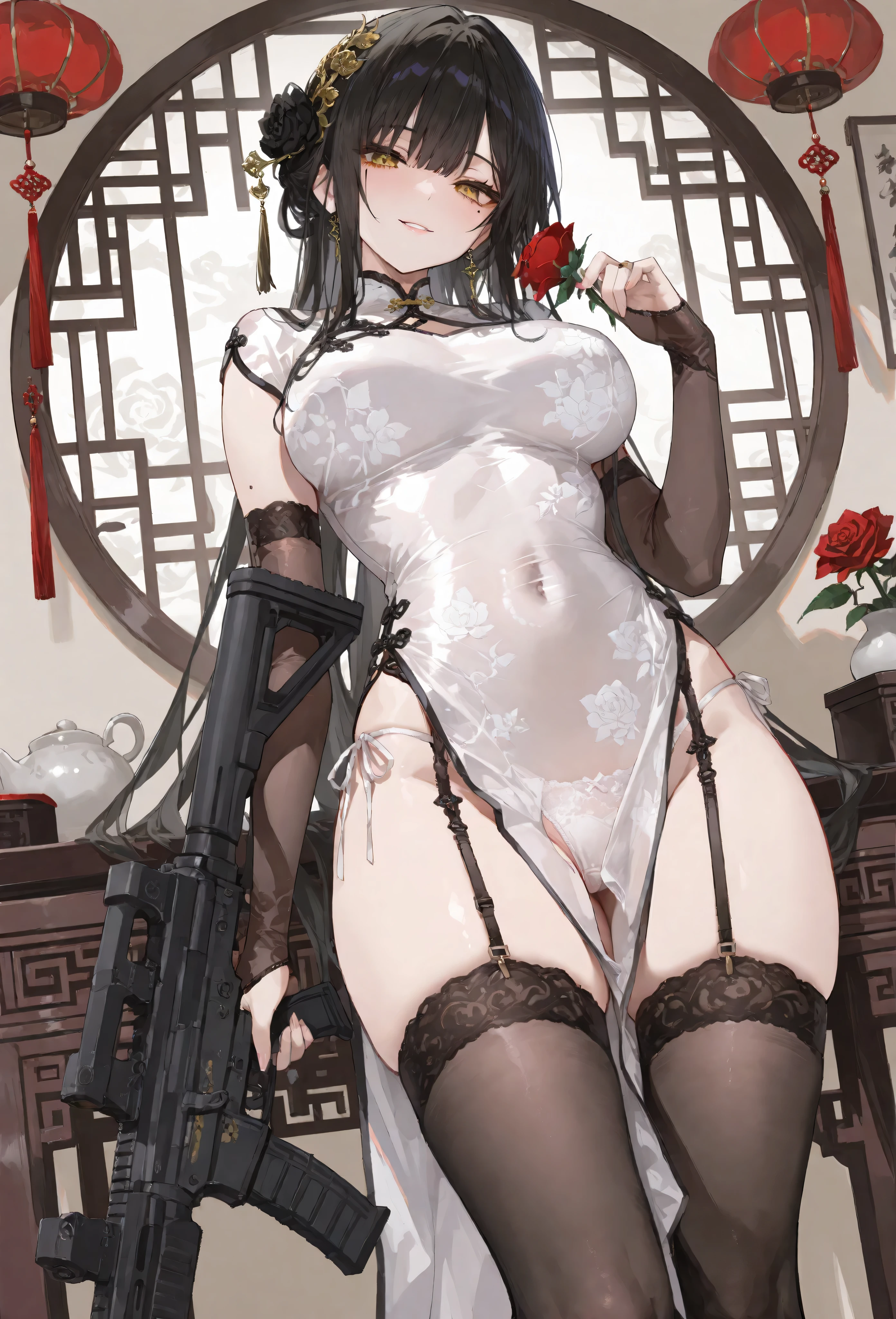 , (masterpiece:1.2), best quality,PIXIV,
1girl, dress, underwear, breasts, chinese clothes, long hair, panties, weapon, solo, gun, thighhighs, official alternate costume, hair ornament, large breasts, china dress, red dress, bangs, white panties, mouth hold, looking at viewer, animal ears, red eyes, sidelocks, dress lift, lace trim, hair flower, lace-trimmed legwear, clothes lift, blunt bangs, very long hair, rifle, brown hair, flower, lace, side-tie panties, ahoge, black thighhighs, bare shoulders, blush, red footwear, shoes, simple background, arm support, garter straps, smile, white background, card, side slit, lifted by self, thighs, bridal gauntlets, full body, kneeling, sleeveless, head tilt, clothing cutout, antenna hair, flats, black hair, sleeveless dress, string panties, alternate costume, gloves, holding
<lora:sketch style_20230721202436:0.9>